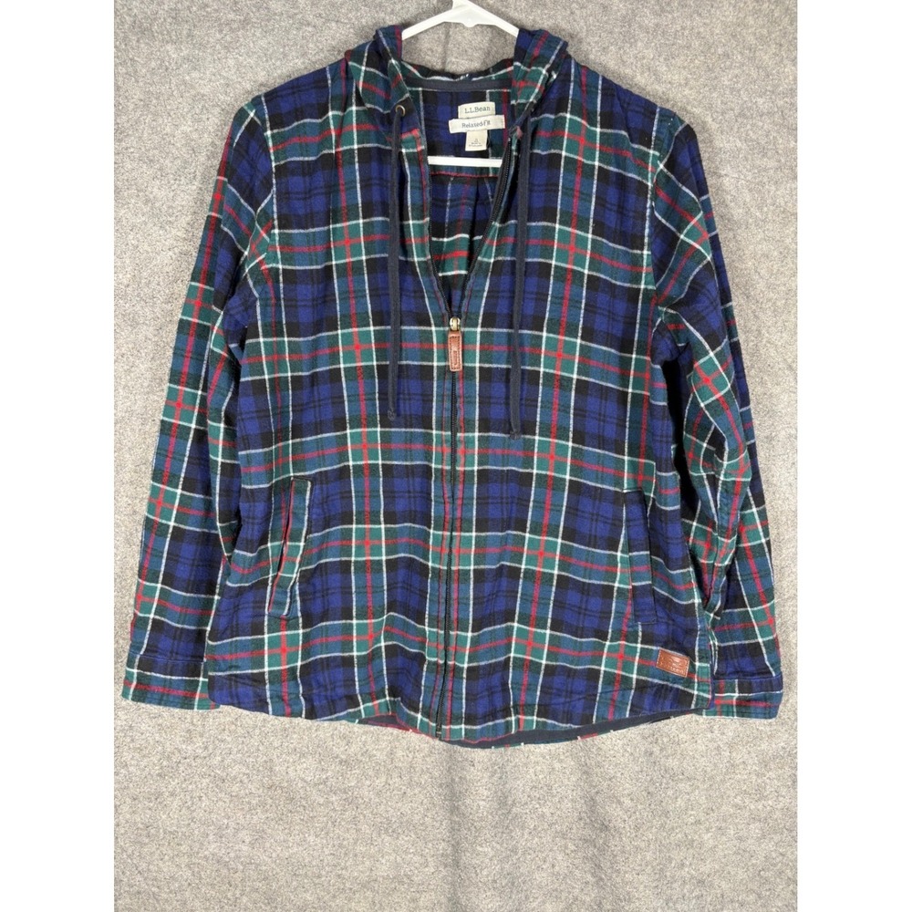 LL Bean Relaxed Fit Flannel Hoodie Navy Green Red Plaid Full Zip Jacket S 502092